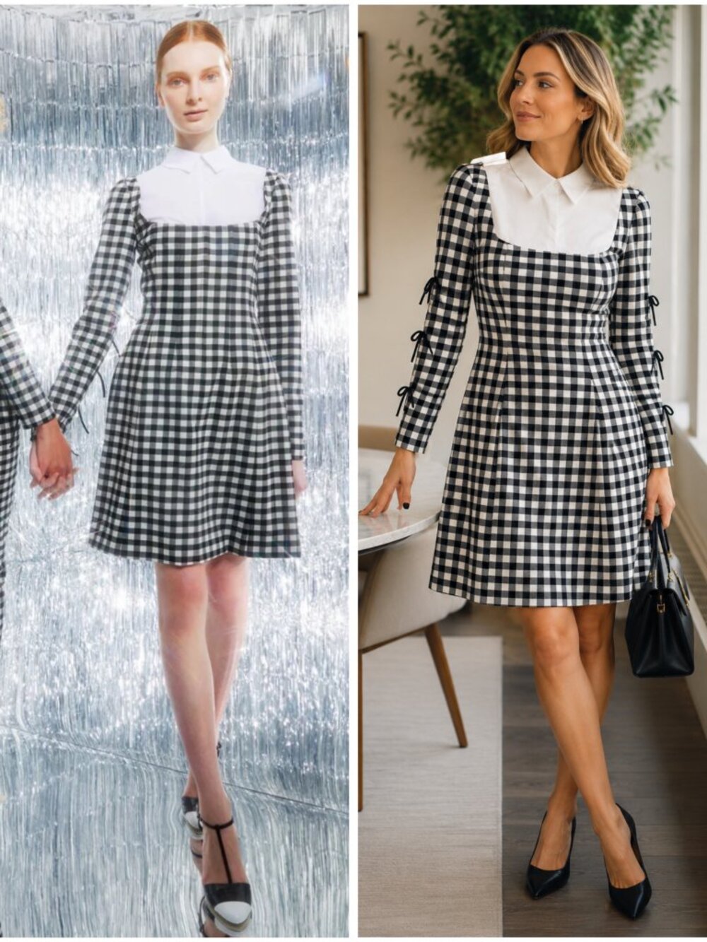 Lela Rose Black White Gingham Mini Dress Resort 2023 Runway Bow Sleeve